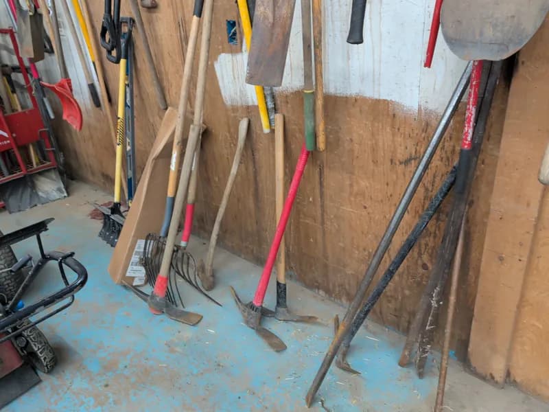 Lot of Landscaping Hand Tools with Wall Mount, rear view