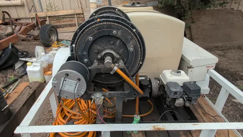 Big Tex Utility Trailer w/ Water Tank & Hose Reel, close-up view