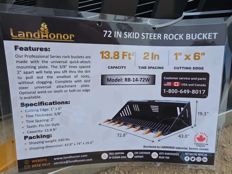 LandHonor 72-inch Skid Steer Rock Bucket RB-14-72W, side view
