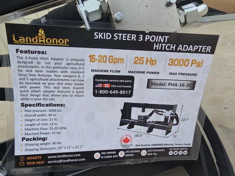 LandHonor Skid Steer 3 Point Hitch Adapter PHA-16-2C, side view