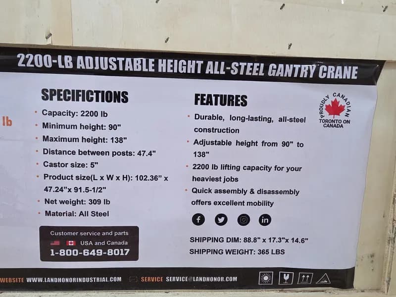 LandHonor 2200lb Adjustable Gantry Crane AGC2200, side view