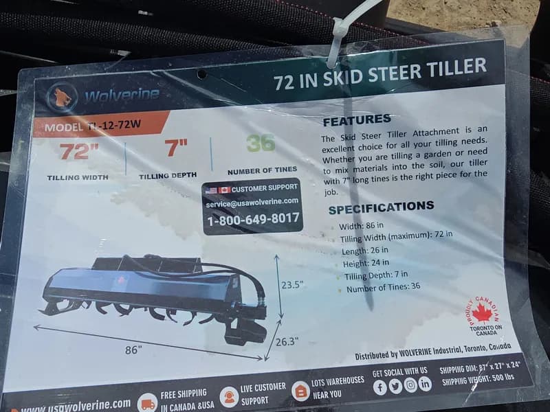 Wolverine 72-inch Skid Steer Tiller Attachment TL-12-72W, side view