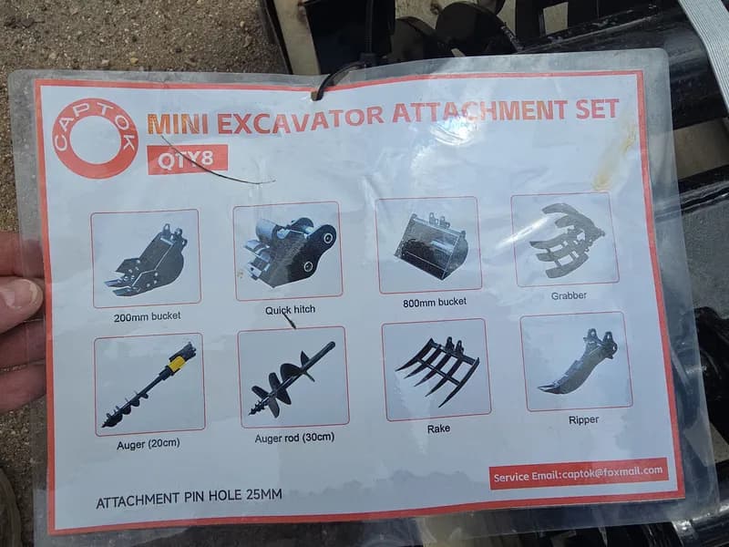 Mini Excavator Attachment Set 8-Piece with Buckets Auger Rake Grab, side view