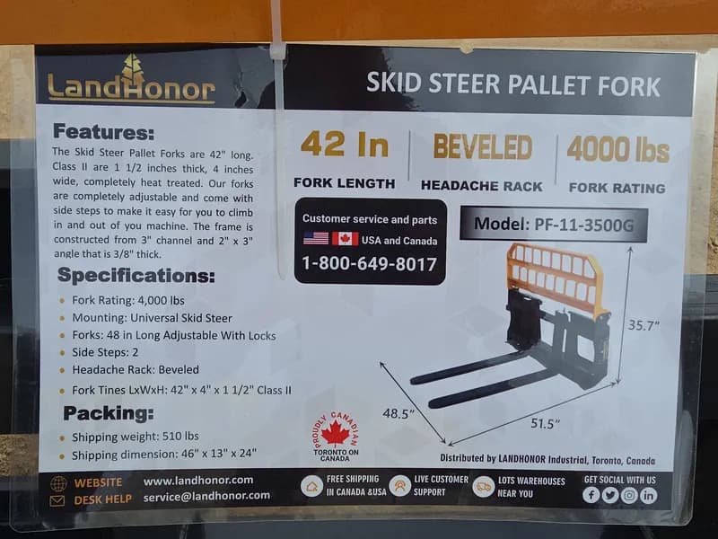 LandHonor 42-inch Skid Steer Pallet Fork with Headache Rack, side view