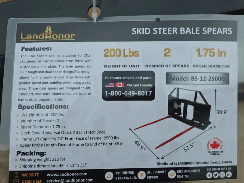 LandHonor Dual Skid Steer Bale Spears BS-12-2500G, side view