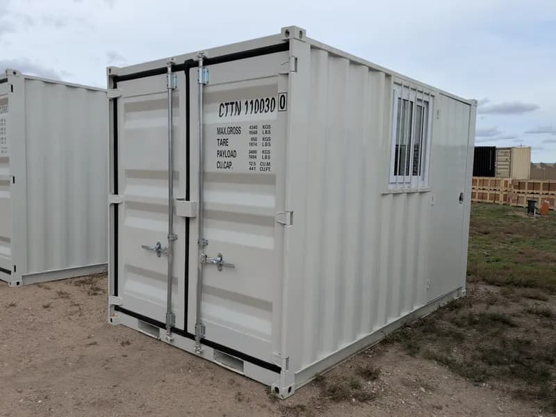 11ft Shipping Container Modified w/ Doors & Window, rear view