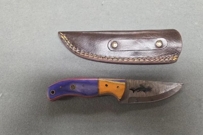 Damascus Steel Fixed Blade Hunting Knife w/ Leather Sheath, detail view