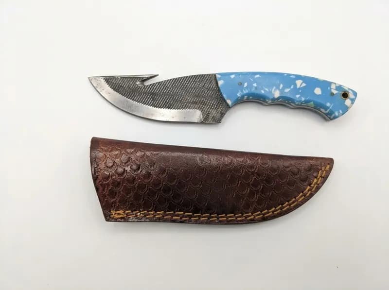 Fixed Blade Hunting Knife w/ Blue Handle & Leather Sheath, primary view