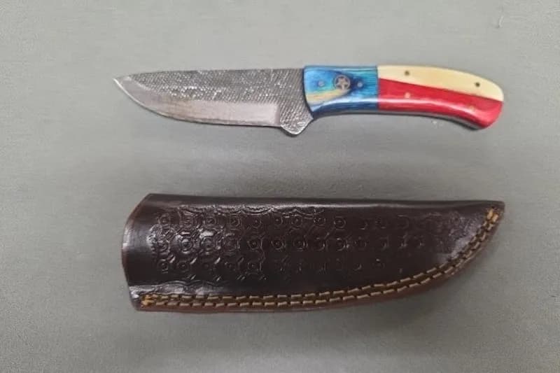Fixed Blade Hunting Knife w/ Damascus Steel & Leather Sheath, side view