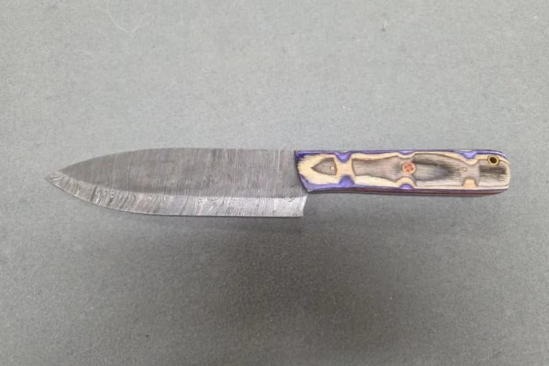 Damascus Steel Chef's Knife Set w/ Purple & Cream Handle, side view