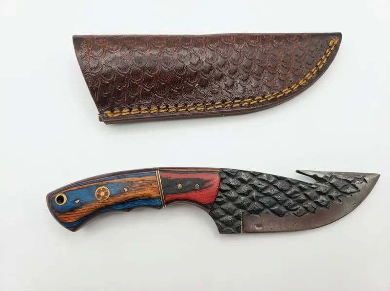 Hand Forged Style Gut Hook Knife w/ Colored Wood Handle & Leather Sheath, primary view