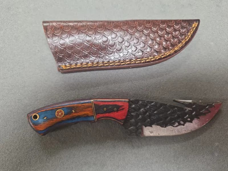Hand Forged Style Gut Hook Knife w/ Colored Wood Handle & Leather Sheath, side view