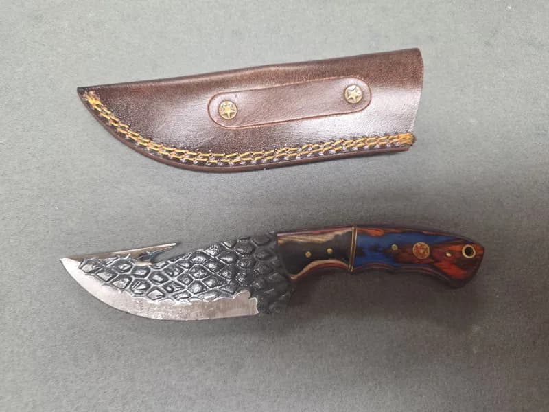 Hand Forged Style Gut Hook Knife w/ Colored Wood Handle & Leather Sheath, rear view
