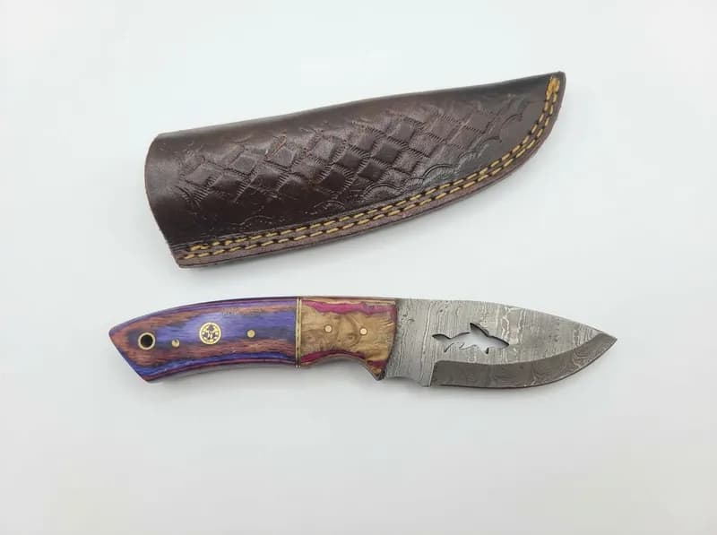 (56) Damascus Pattern Hunting & Folding Knives w/ Leather Sheaths | Free Shipping!, view 8