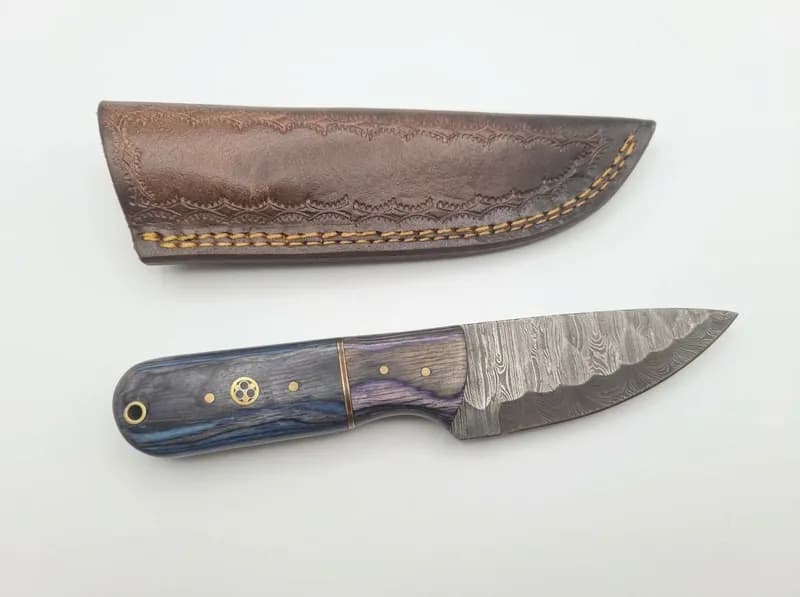Fixed Blade Knife with Pattern-Welded Style Blade, Blue Laminated Wood Handle & Leather Sheath, primary view