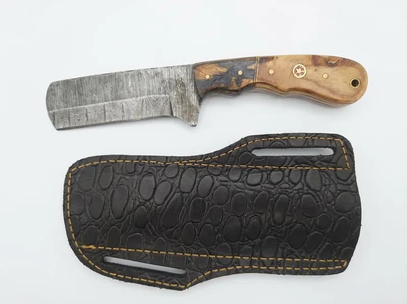 Damascus-Style Fixed Blade Cleaver Knife w/ Wood Handle & Leather Sheath, primary view