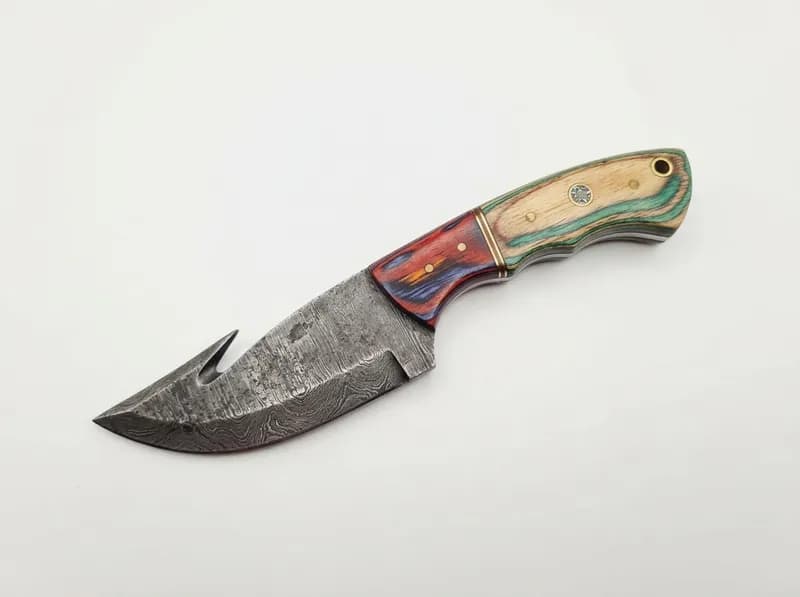 Fixed Blade Guthook Skinning Knife w/ Pattern-Welded Style Blade & Multicolor Wood Handle, primary view