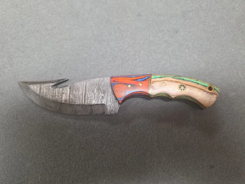 Fixed Blade Guthook Skinning Knife w/ Pattern-Welded Style Blade & Multicolor Wood Handle, rear view