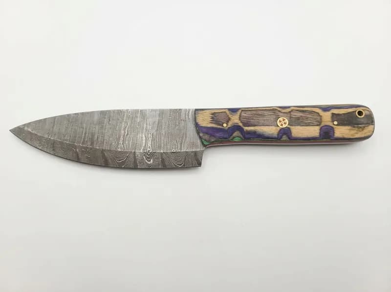 Fixed Blade Knife with Damascus-Pattern Blade and Multicolor Laminated Wood Handle, primary view