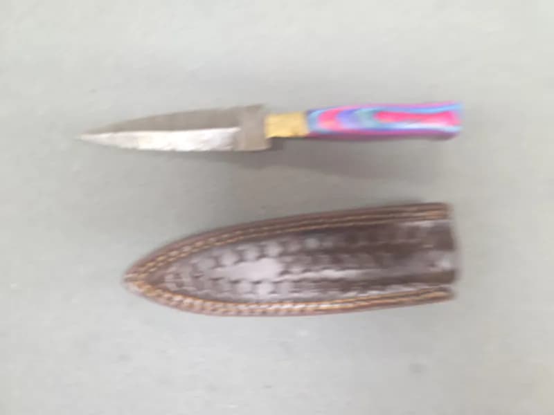 Fixed Blade Dagger Knife with Patterned Blade, Multicolor Handle and Leather Sheath, side view