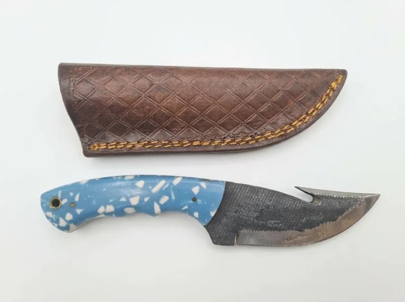 Fixed Blade Knife w/ Blue Terrazzo-Style Handle, Gut Hook & Leather Sheath, primary view