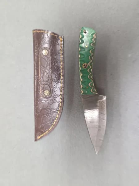 Fixed Blade Knives w/ Patterned Blades, Handles & Leather Sheaths, Lot of 3, side view