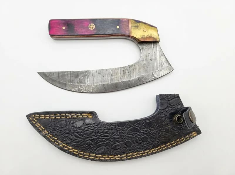 Damascus-Style Pattern Ulu Knife with Multicolor Handle and Leather Sheath, primary view