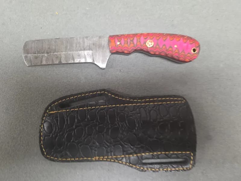 Damascus Pattern Fixed Blade Knife w/ Pink Laminate Handle & Leather Sheath, side view