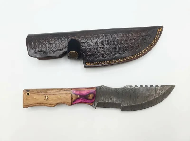 Fixed Blade Knife w/ Patterned Steel Blade, Two-Tone Wood Handle & Leather Sheath, primary view