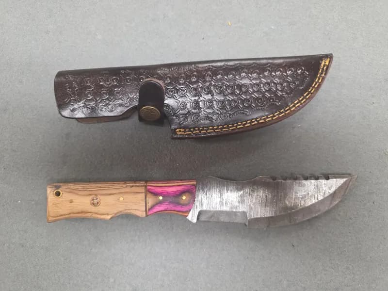 Fixed Blade Knife w/ Patterned Steel Blade, Two-Tone Wood Handle & Leather Sheath, side view