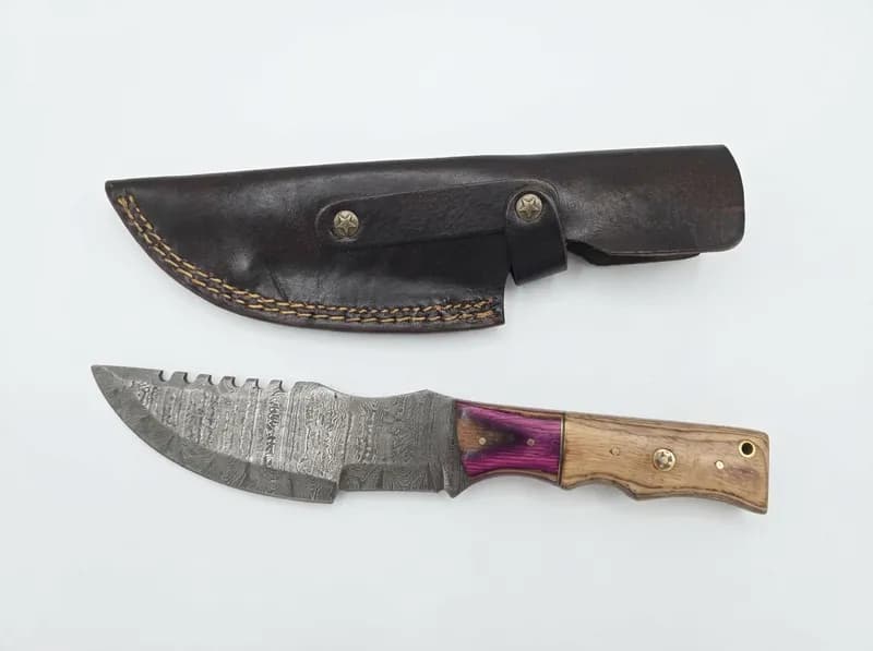 Two Fixed Blade Knives w/ Leather Sheaths, Damascus-Pattern Tracker & Tanto, primary view