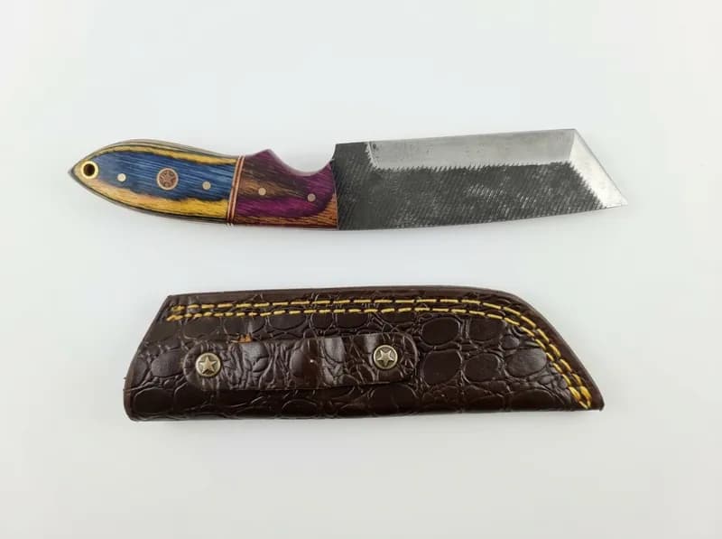 Fixed Blade Knife w/ Tanto-Style Blade, Colored Wood Handle & Leather Sheath, primary view