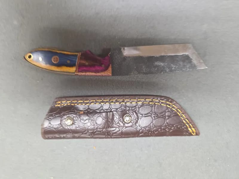 Fixed Blade Knife w/ Tanto-Style Blade, Colored Wood Handle & Leather Sheath, side view
