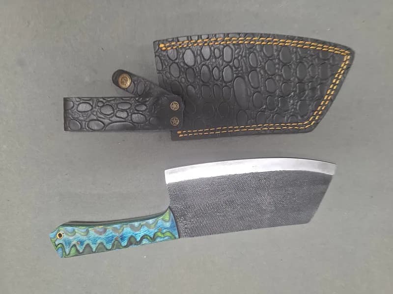 Hand Forged Style Cleaver Knife w/ Blue Green Handle and Embossed Leather Sheath, rear view