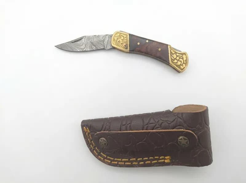 Pattern Welded Steel Folding Knife and Fixed Blade Knife w/ 2 Leather Sheaths, primary view