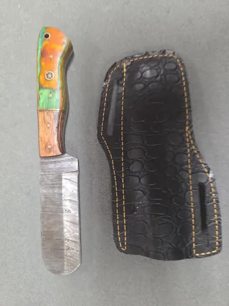 Pattern Welded Steel Folding Knife and Fixed Blade Knife w/ 2 Leather Sheaths, rear view