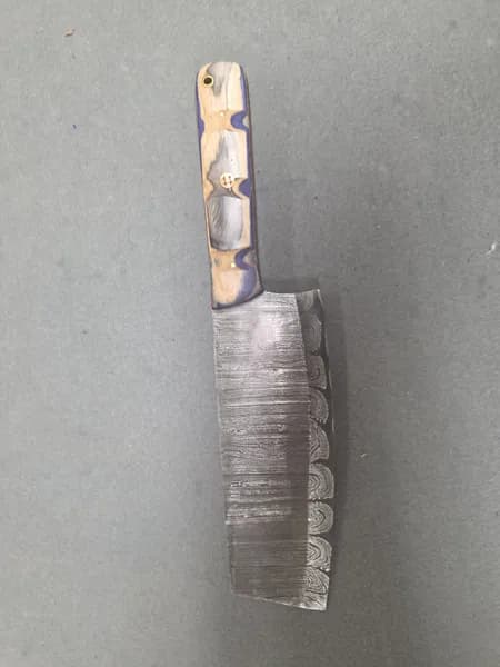 Damascus-Pattern Cleaver Style Knife with Multicolor Wood Handle, side view