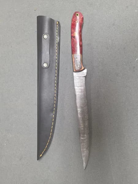 Damascus-Pattern Style Fixed Blade Knife Set: Cleaver & Fillet w/ Sheaths, detail view