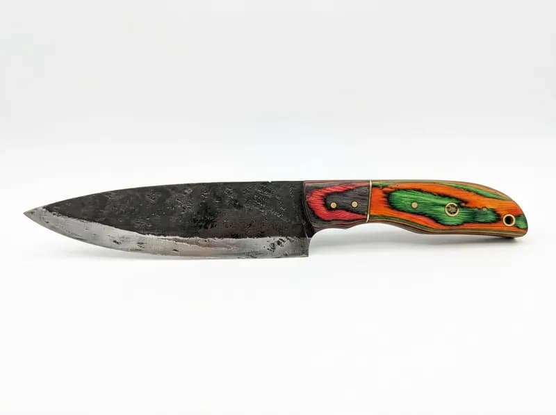 (56) Damascus Pattern Hunting & Folding Knives w/ Leather Sheaths | Free Shipping!, rear view