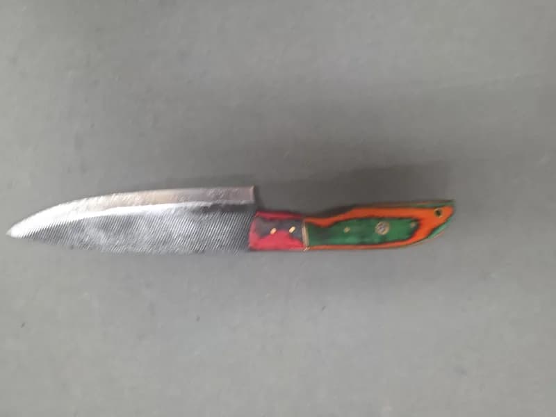 Fixed Blade Chef-Style Knife w/ Multicolor Laminated Handle, rear view
