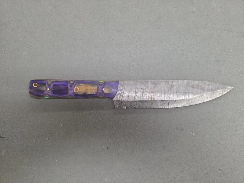 Damascus-Pattern Fixed Blade Chef Knife w/ Purple Green Laminated Handle, rear view