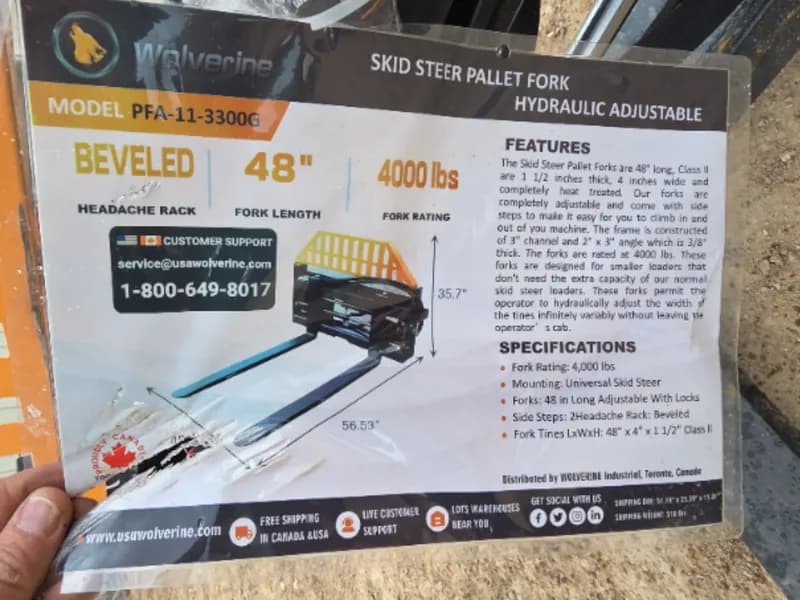 Wolverine PFA-11-3300G Hydraulic Pallet Fork Attachment, side view