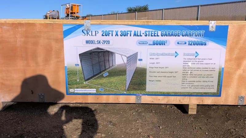 SKLP 20ft x 30ft All-Steel Garage Carport SK-ZP20, side view