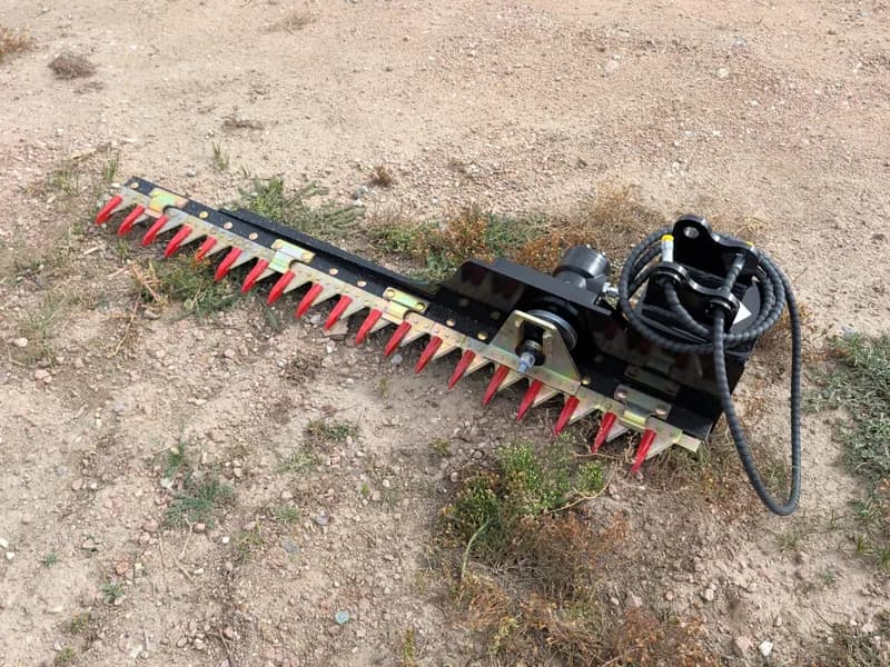 Hydraulic Hedge Trimmer Excavator Attachment w/ Red Blades, side view