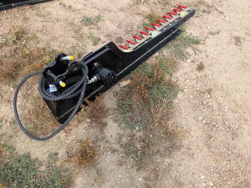 Hydraulic Hedge Trimmer Excavator Attachment w/ Red Blades, rear view