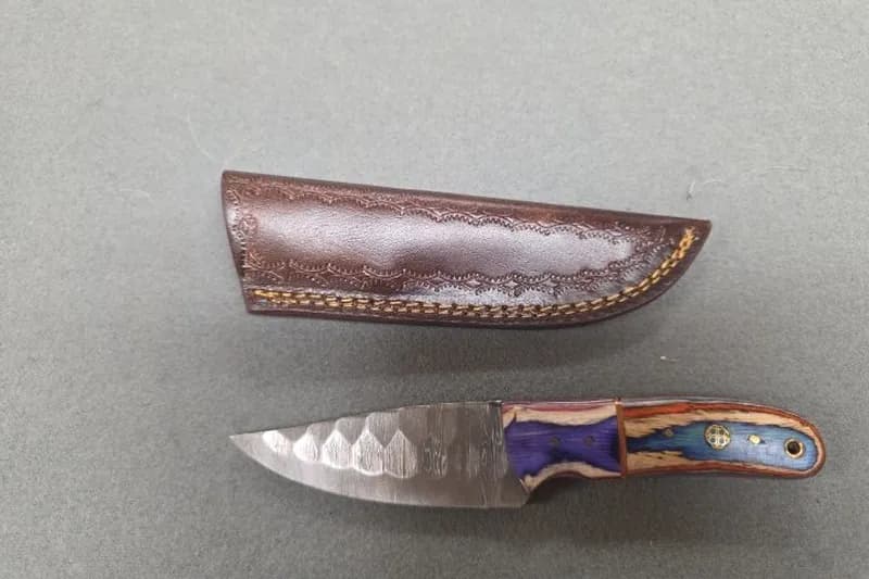 Fixed Blade Knife w/ Leather Sheath & Decorative Handle, side view