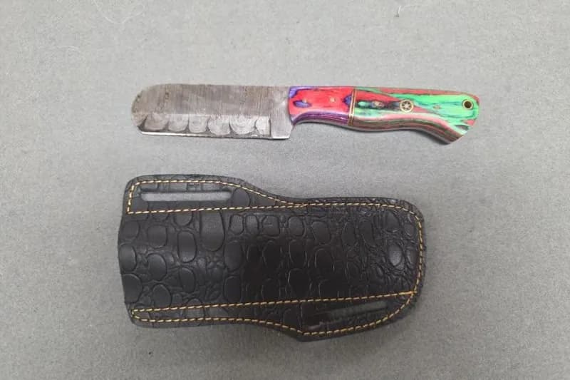 Multicolor Handle Fixed Blade Knife w/ Leather Sheath, side view