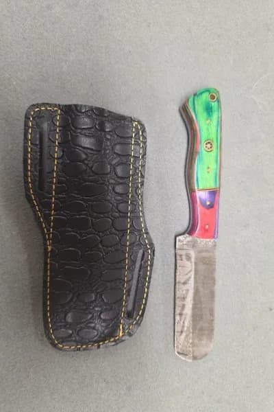 Multicolor Handle Fixed Blade Knife w/ Leather Sheath, rear view