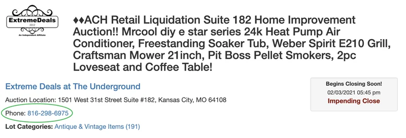 Seller contact number on auction page screenshot